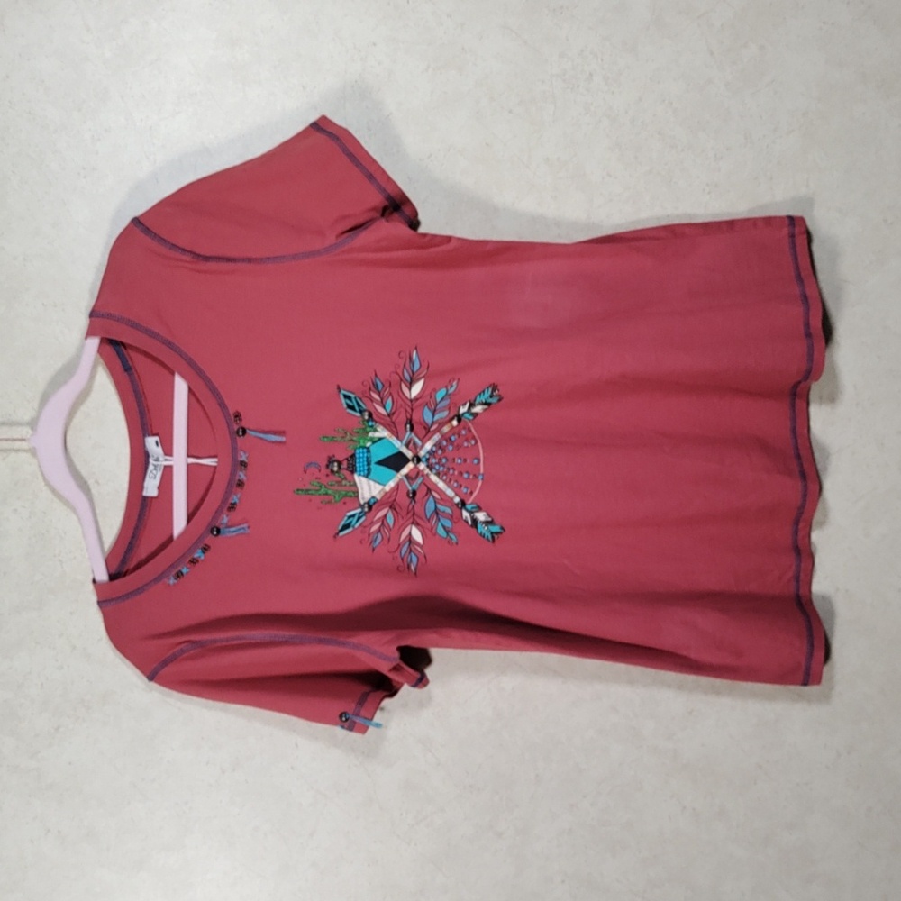 2/$10 04116 Delila brick red native design S/S tee L NWT